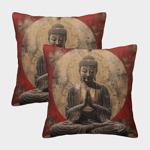 KAYZTGSDA Buddha Statue Kissenbezug 2er Set Kissenbezüge Wohnzimmer Kissenhülle Couchkissen Polyester Polster Textil Für Sofa Bett Garten Balkon Kinderzimmer Dekokissen 50x50cm von KAYZTGSDA