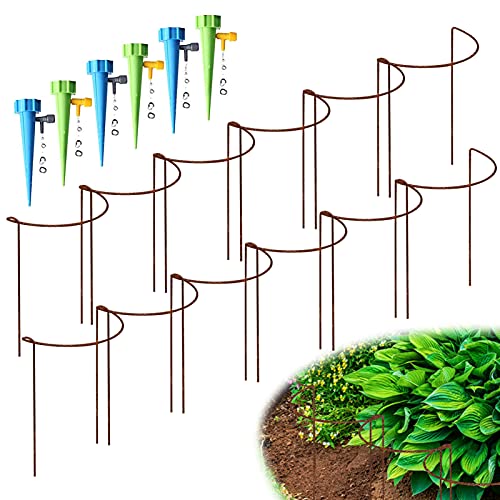 KAZITOO 12 Stück 40cm rostige Pflanze Stützpfeile, natürliche Rost Halbrunde Blume Unterstützung mit 6 Selbst Bewässerung Spikes, rostige Metall Vernetzung Garten Grenze für Pfingstrosen, Hortensie von KAZITOO