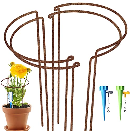 KAZITOO 4 Stück Große 60cm hohe Rostige Bogen-Pflanzenstütze, halbrund Rost-Blumenstütz-Ringkäfig-Rahmen mit 2 selbstbewässernden Spikes, Gartenumrandung für Pfingstrosen, Hortensien(60x30cm) von KAZITOO