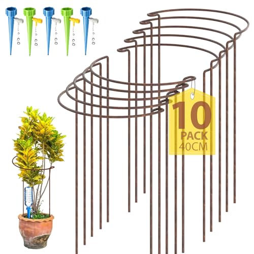 KAZITOO 10 Stück 40cm rostige Pflanze Stützpfeile, natürliche Rost Halbrunde Blume Unterstützung mit 5 Selbst Bewässerung Spikes, rostige Metall Vernetzung Garten Grenze für Pfingstrosen, Hortensie von KAZITOO