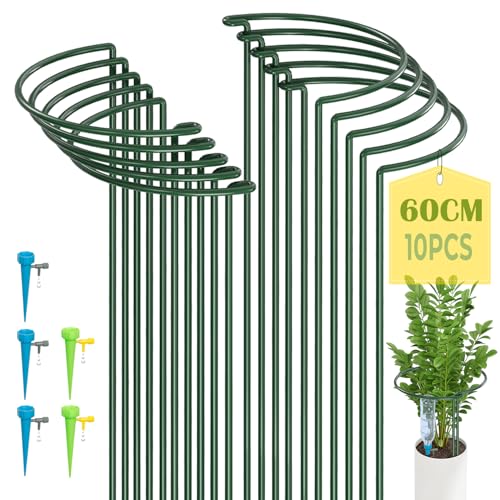 KAZITOO 10 Stück große 60cm hohe Bogen Pflanze Stützpfähle, 4mm starker Metallgarten unterstützt grüne halbrunde Blume Reifen mit 5 Selbst Gießspitzen für Pfingstrosen, Hortensien, Monstera(60x30cm) von KAZITOO