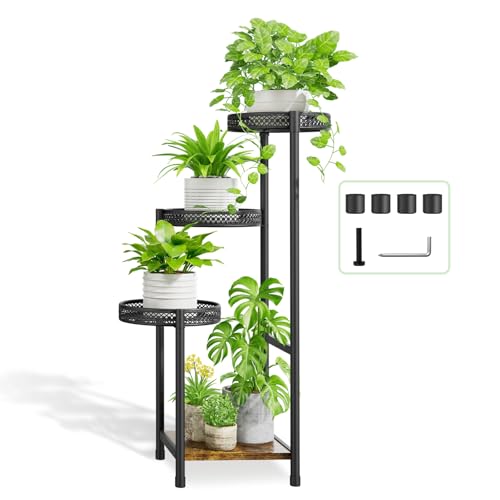 KAZITOO 4-Tier Metall Pflanzenständer Topfständer, Ecke Pflanzenhalter Blumenregal für mehrere Pflanzen, modernes Pflanzen Display Rack mit Holzplatte für Büro Garten Balkon Patio, Quadrat von KAZITOO