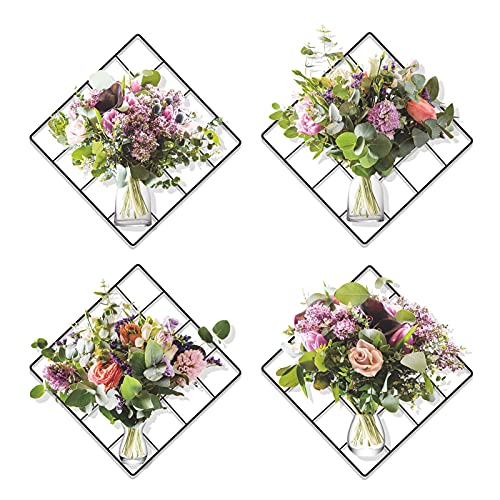 Magic 3D lebendige grüne Pflanzen Blumenstrauß Vasen Gitter Wanddekor Aufkleber, Vinyl abnehmbare Blume in Glasflasche Wandaufkleber für Schlafzimmer Wohnzimmer Büro Küche, 4er Set (22x22cm) von KAZITOO