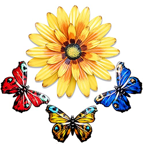 Metall Sonnenblume und Schmetterling Wanddekor, 32cm Eisengelbe Blume mit 3 Schmetterlingen Hängende Skulpturen Dekoration für Gartenzaun Garage Patio Veranda Schlafzimmer,3-lagiges Blütenblatt-Design von KAZITOO
