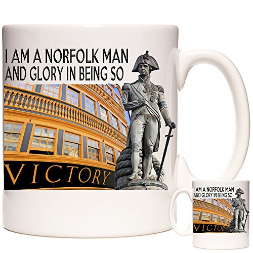Horatio Nelson Geschenktasse, „I Am A Norfolk Man and Glory in Being So“, HMS Victory und Nelson-Statue auf einer Keramik-Geschenktasse Spülmaschinen- und mikrowellengeeignet. von KAZMUGZ