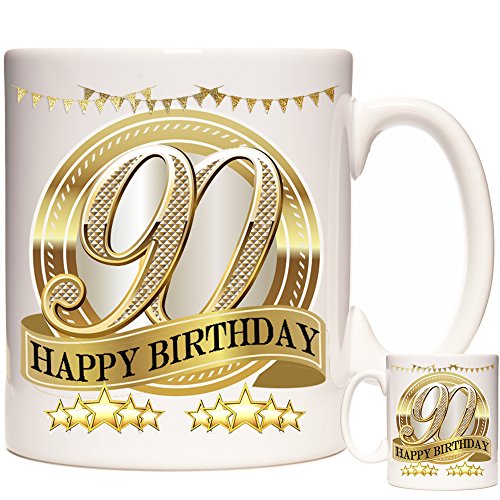 Tasse mit Aufschrift "Happy 90th Birthday", Aufschrift "Happy 90th Birthday", Geschenk für jemanden, der seinen 90. Geburtstag feiert. Keramiktasse. von KAZMUGZ