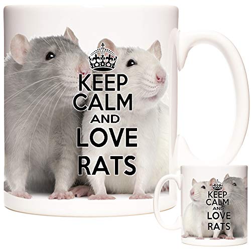 Tasse mit Aufschrift "Keep Calm and Love Rats", Keramik, 325 ml, weiße Ratte und graue Ratte. von KAZMUGZ