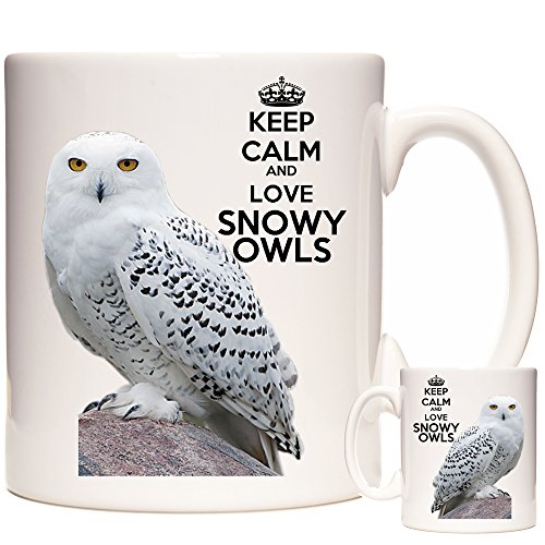 Tasse mit Eulen-Motiv, Aufschrift "Keep Calm and Love Snowy Owls" Passende Untersetzer erhältlich von KAZMUGZ