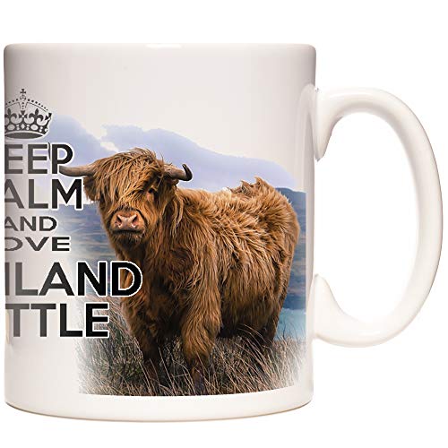 Tasse mit Highland-Rindermotiv, Aufschrift "Keep Calm and Love Highland Cattle", 325 ml, Keramik-Geschenktasse von KAZMUGZ