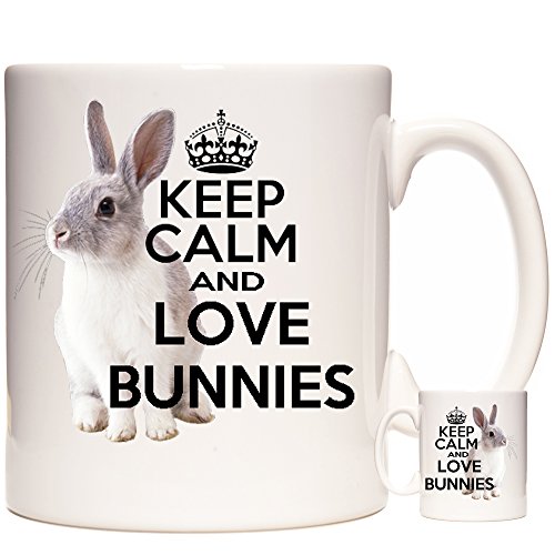 Kaffeetasse mit Hasenmotiv, Aufschrift "Keep Calm Love Bunnies", 325 ml, Keramik-Geschenktasse von KAZMUGZ