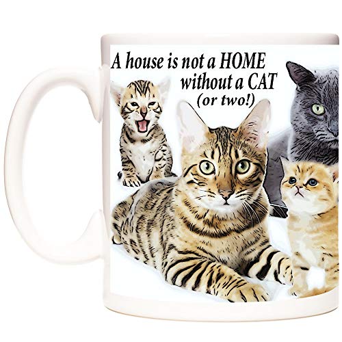 Tasse mit Katzen-Motiv "A House is Not A Home Without A Cat Or Two", Keramik-Geschenktasse mit Bildern von getigerten Katzen von KAZMUGZ