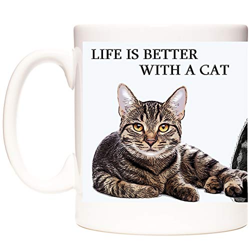 Tasse mit Katzenmotiven "Life is Better with a Cat" aus Keramik mit Bildern von getigerten Katzen von KAZMUGZ