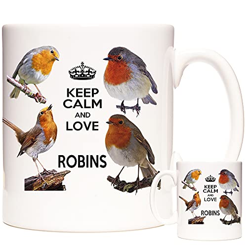 Tasse mit Rotkehlchen-Motiv, 325 ml, mit Aufschrift "Keep Calm and Love Robins". von KAZMUGZ