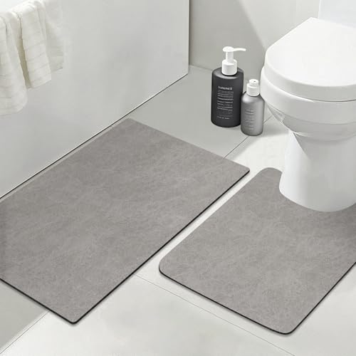 Badvorleger Set Rutschfeste Badematte : Super Absorbierende Badezimmerteppich Set dünn Waschbar schnelltrocknende Badvorleger Duschvorleger für Dusche, Badewannen und Badezimmer, Toilette, grau von KAZOLEN