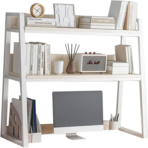 KAZUP Desktop-Bücherregal, trapezförmiges Desktop-Bücherregal, Computertisch-Bücherregal aus Metall und Holz, Schreibtisch-Bücherregal-Organizer (Farbe: Weiß, Größe: 95 x 32 x 90 cm) von KAZUP