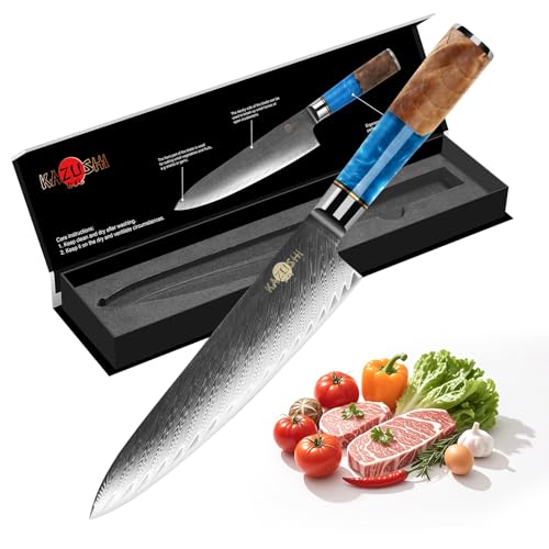 KAZUSHI Kochmesser, Profi Messer, Scharfe Küchenmesser Chefmesser, Klingenlänge 33 cm, Holzgriffe aus Harz Küchenmesser Messer Chefmesser, AllzweckmesserGeschmiedet aus japanischemVG-10-Stahl von KAZUSHI