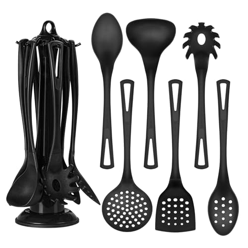 Küchenhelfer Set, 7-teiliges Kochutensilien Kochbesteck Set, Kochgeschirr Spachtel-Set mit Ständer, Hitzebeständig, Leicht zu Reinigen, Spülmaschinenfest, Gesund & Antihaft, Schwarz von KAZUSHI