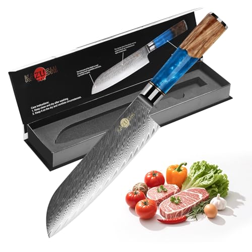 Santoku Messer 19cm - Profi Santoku Küchenmesser, Japanischem VG-10-Stahl Scharfes Küchenmesser,Einbeziehen Extrem Scharfer Klinge - Kochmesser für Fleisch, Gemüse, Fisch von KAZUSHI