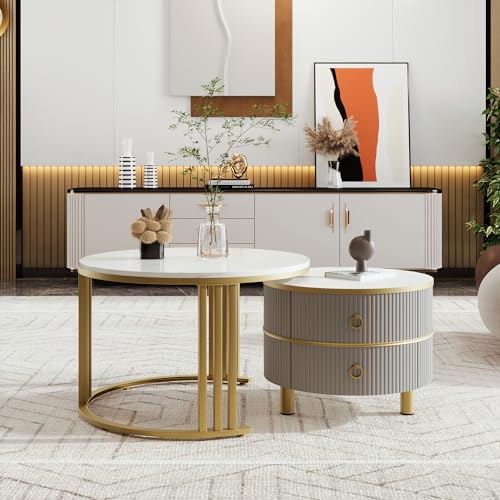 KAZZIO 2-in-1 runder MDF-Couchtisch, Beistelltisch mit glänzender Platte und 1 weißer Marmorplatte, Wohnzimmer-Couchtischkombination mit 2 Schubladen (Gold und Grau) von KAZZIO