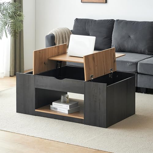 KAZZIO Couchtisch mit Liftfunktion - 109 cm, graues Gestell, stilvolles Design, Stauraum unter der Tischplatte (Grau und Holzkorn braun) von KAZZIO