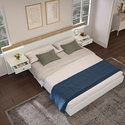 KAZZIO Doppelbett Bettanlage, Holzbett inkl. 2 Nachttischen Schlafzimmer Komplett, Set in Eiche Sonoma/Weiß(Ohne Matratze) (Mit 2 LED Nachtkommoden&USB C Steckdose, 180x200cm) von KAZZIO
