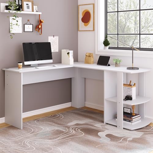 KAZZIO Eckschreibtisch 140cm Computertisch Schreibtisch, L-förm Eckschreibtisch mit 2 Ablagen,H75/B140/L140cm Weiß von KAZZIO