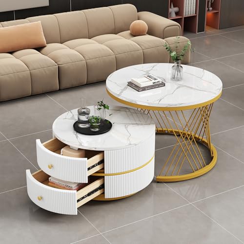 KAZZIO Elegantes 2-teiliges, weißes Couchtisch-Set in Nestform, runde Tische mit hochglänzender Marmoroptik, 2 Schubladen, bis 30kg belastbar,Nesting-Kombination Couchtisch (Weiß+Gold2) von KAZZIO