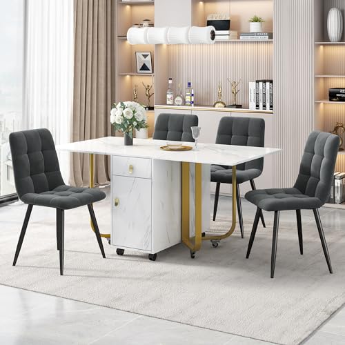 KAZZIO Essgruppe,(Set, Esstisch mit 4 Stühlen), Klappbarer Küchentisch Set, Samt Esszimmerstühle, Polsterstuhl Design Stuhl mit Rückenlehne,MDF Tischplatte in Weißer, Tischbeine (Dunkelgrau+Gold) von KAZZIO