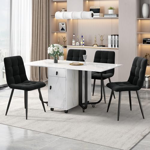 KAZZIO Essgruppe,(Set, Esstisch mit 4 Stühlen), Klappbarer Küchentisch Set, Samt Esszimmerstühle, Polsterstuhl Design Stuhl mit Rückenlehne,MDF Tischplatte in Weißer, Tischbeine (Schwarz+Schwarz) von KAZZIO