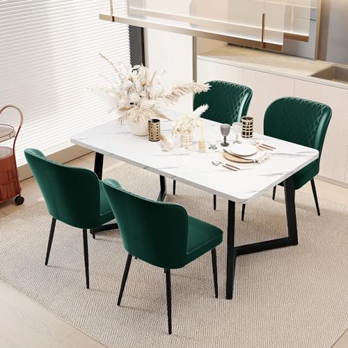 KAZZIO Essgruppe,(Set, Esstisch mit 4 Stühlen), Moderner Küchentisch Set, Samt Esszimmerstühle, Polsterstuhl Design Stuhl mit Rückenlehne,MDF Tischplatte in Weißer,Schwarz Tischbeine (Dunkelgrün) von KAZZIO