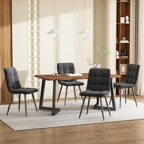KAZZIO Essgruppe (5-TLG),Esstisch mit 4 Stühlen Set, Moderner Küchentisch Set, 140×80cm Küchentisch mit Metallbeinen, MDF Tischplatte, Samt Esszimmerstühle (Walnussfarbe+Dunkelgrau) von KAZZIO