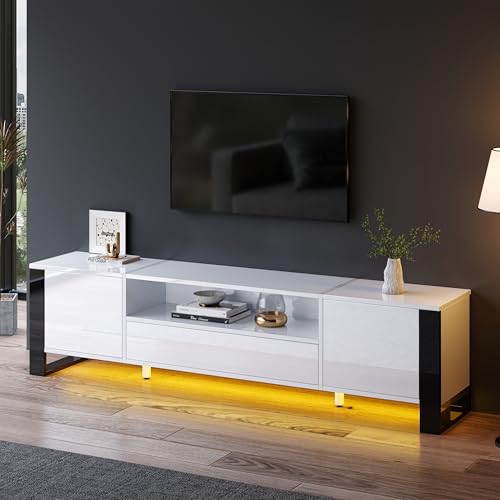 KAZZIO Moderner Hochglanz-TV-Schrank in Weiß mit LED-Beleuchtung und Stauraum 178cm, für bis zu 70-Zoll-TVs von KAZZIO