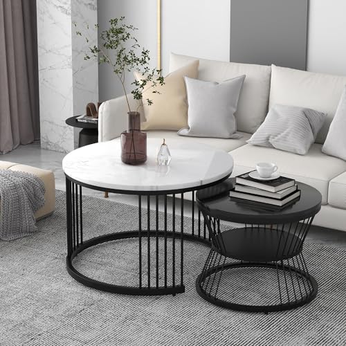 KAZZIO Moderner Nesting-Couchtisch Set, Hochglanz-Tischplatte, Marmoriert, Sofa-Beistelltisch, Rund, 2er-Set, Schwarzer Rahmen KAZZIO Moderner Nesting-Couchtisch Set, Hochglanz-Tischplatte, Marmoriert, Sofa-Beistelltisch, Rund, 2er-Set, Schwarzer Rahmen von KAZZIO