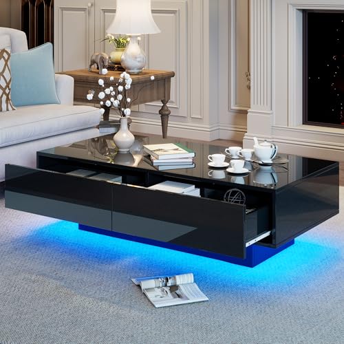 KAZZIO Moderner schwarzer Hochglanz-Couchtisch, mit 2 Schubladen, 115x55x34cm, LED-Beleuchtung und 30 kg Belastbarkeit - Eleganter Wohnzimmer-Couchtisch von KAZZIO