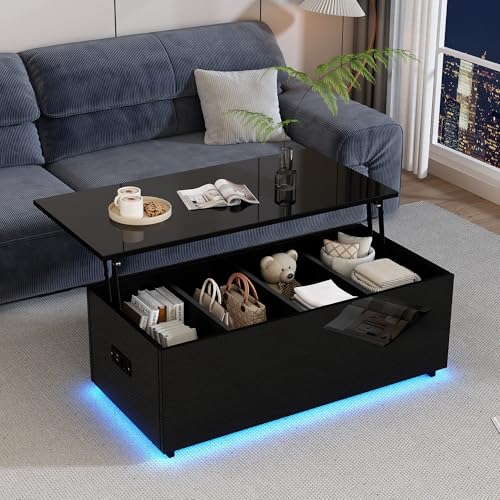 KAZZIO Moderner schwarzer Hochglanz-Couchtisch mit LED-Beleuchtung und verstecktem Stauraum - Hydraulisch hebbarer Beistelltisch 100x50x35cm, Tragkraft 40kg von KAZZIO