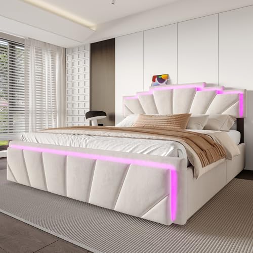 KAZZIO Modernes Polsterbett 140x200cm, Elegantes Design mit einzigartigem trapezförmigem Kopfteil, integrierter LED-Lichtleiste & 2-facher Höhenverstellung, USB Type-C Anschluss, 2 Schubladen (Beige) von KAZZIO