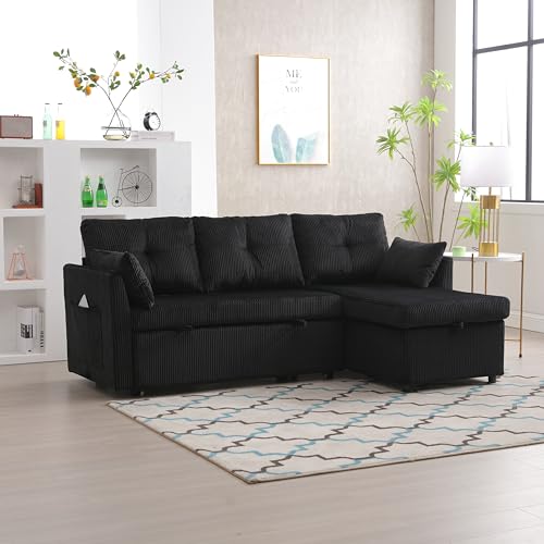 KAZZIO Multifunktionales Schlafsofa mit Stauraum und Ausziehbett, auswechselbares Schlafsofa mit Chaiselongue, Anbausofa mit Stauraumsitzen, modulares L-Sofa (Schwarz) von KAZZIO