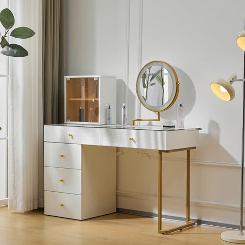 KAZZIO Schminktisch-Set mit LED-beleuchtetem Spiegel, transparenter Tischplatte aus gehärtetem Glas, Schminktisch-Seite und Schrank, Elegante Möbel (ohne Hocker) (Weiß/mit Schrank) von KAZZIO