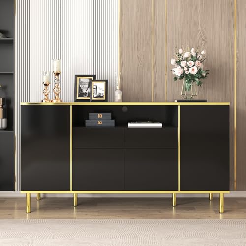 KAZZIO Sideboard, hochglänzende Kommode mit 2 Schubladen, Kommode, Schlafzimmerkommode, hochglänzendes Sideboard (schwarz) von KAZZIO