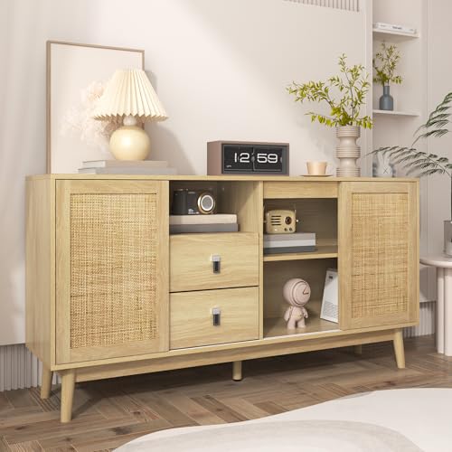 KAZZIO Sideboard mit 3 Schiebetüren aus echtem Rattan und 2 Schubladen, 155x38x80cm, atmungsaktiv, stabil und vielseitig (Holzfarbe) von KAZZIO