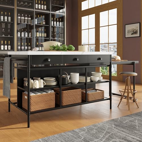 Kücheninseln, Ausziehbare Kunstmarmorplatte Industrial mit 3-Schubladen, Multifunktionales Küchen- und Esszimmer-Möbel, Kücheninsel Küchenregal Küchewagen Sideboard, MDF Arbeitsplatte Küche Regal von KAZZIO