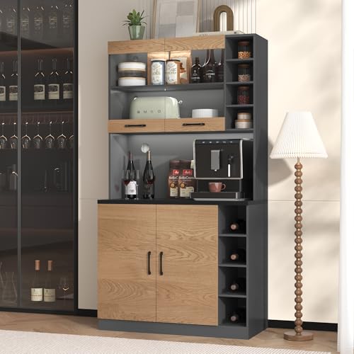 Küchenschrank, Buffet mit Kabellöchern und LED-Ambiente-Beleuchtung, Küchen-Highboard aus Holz, großer Platz für Mikrowelle, freistehend, höhenverstellbare seitliche Ablagefächer (Grau+Natürlich) von KAZZIO