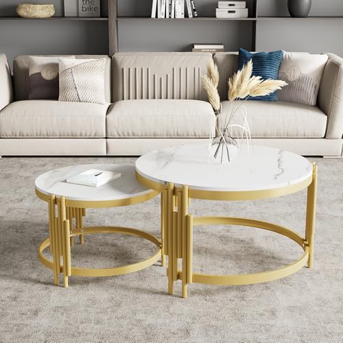 Moduliertes Couchtisch-Set, Marmoroptik, Goldener Metallrahmen, runde Tische in Zwei Größen von KAZZIO