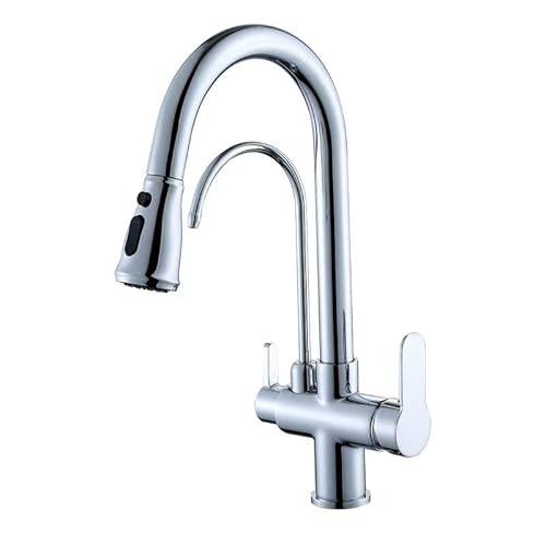 3-Wege-Küchenarmatur mit Wasserfilter, 360°-Drehung, 2 Modi, Küchenmischbatterie mit ausziehbarer Brause(Silver) von KAnduo
