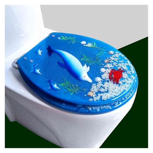 Badezimmer-Toilettensitz aus Kunstharz mit Absenkautomatik, robuster Toilettendeckel mit Kunst-3D-Effekten, geräuschloses Design, geeignet for Toiletten vom Typ U/V/O(Blue 1) von KAnduo