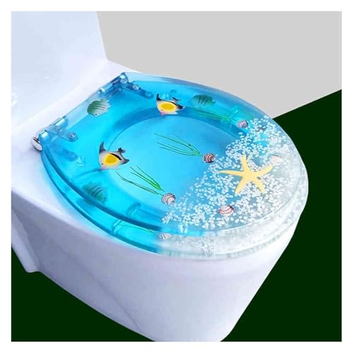 Badezimmer-Toilettensitz aus Kunstharz mit Absenkautomatik, robuster Toilettendeckel mit Kunst-3D-Effekten, geräuschloses Design, geeignet for Toiletten vom Typ U/V/O(Blue 3) von KAnduo