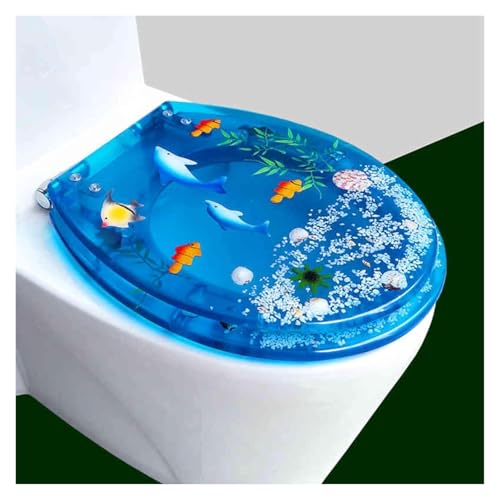 Badezimmer-Toilettensitz aus Kunstharz mit Absenkautomatik, robuster Toilettendeckel mit Kunst-3D-Effekten, geräuschloses Design, geeignet for Toiletten vom Typ U/V/O(Blue 4) von KAnduo