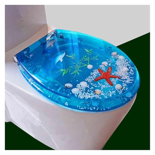 Badezimmer-Toilettensitz aus Kunstharz mit Absenkautomatik, robuster Toilettendeckel mit Kunst-3D-Effekten, geräuschloses Design, geeignet for Toiletten vom Typ U/V/O(Blue 5) von KAnduo