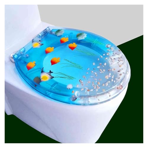 Badezimmer-Toilettensitz aus Kunstharz mit Absenkautomatik, robuster Toilettendeckel mit Kunst-3D-Effekten, geräuschloses Design, geeignet for Toiletten vom Typ U/V/O(Blue 6) von KAnduo