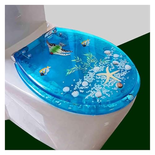 Badezimmer-Toilettensitz aus Kunstharz mit Absenkautomatik, robuster Toilettendeckel mit Kunst-3D-Effekten, geräuschloses Design, geeignet for Toiletten vom Typ U/V/O(Blue 7) von KAnduo
